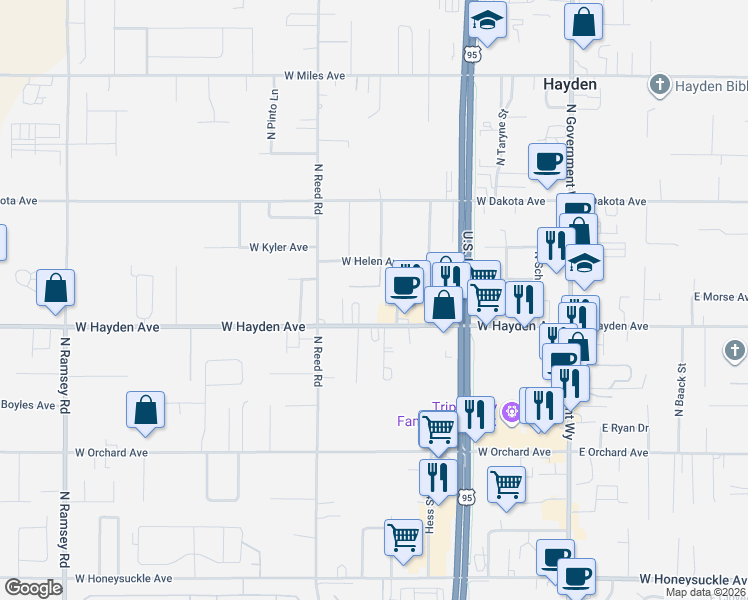 map of restaurants, bars, coffee shops, grocery stores, and more near 9715 North Shaw Street in Hayden