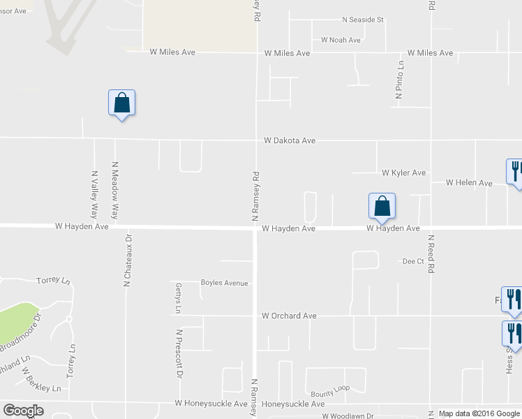 map of restaurants, bars, coffee shops, grocery stores, and more near 9686 North Ramsey Road in Hayden