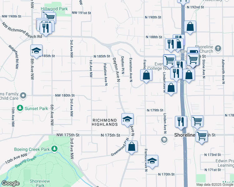 map of restaurants, bars, coffee shops, grocery stores, and more near 420 North 180th Street in Shoreline