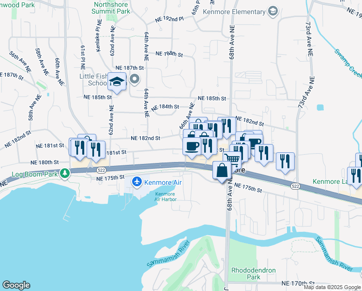 map of restaurants, bars, coffee shops, grocery stores, and more near 6453 Northeast 182nd Street in Kenmore