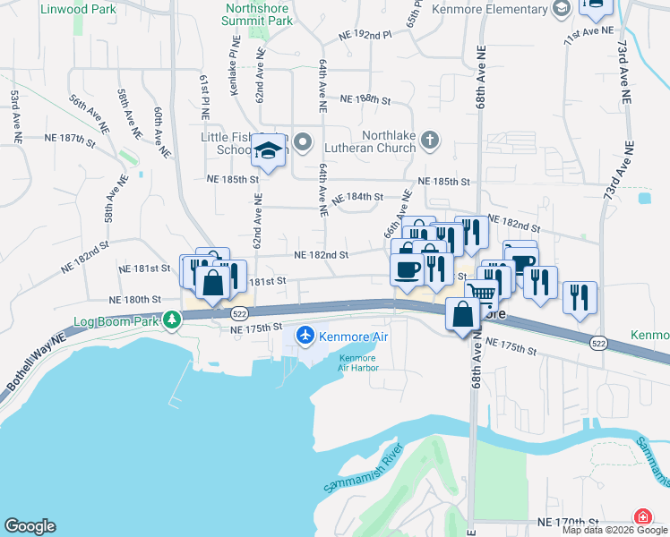 map of restaurants, bars, coffee shops, grocery stores, and more near 6421 Northeast 182nd Street in Kenmore