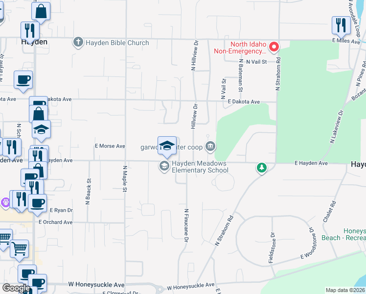 map of restaurants, bars, coffee shops, grocery stores, and more near 9748 North Ptarmigan Drive in Hayden