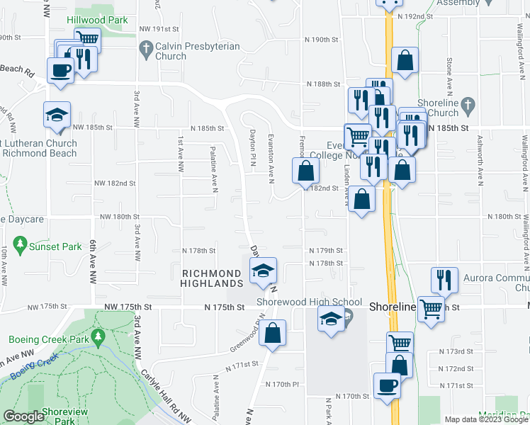 map of restaurants, bars, coffee shops, grocery stores, and more near 525 North 181st Street in Shoreline