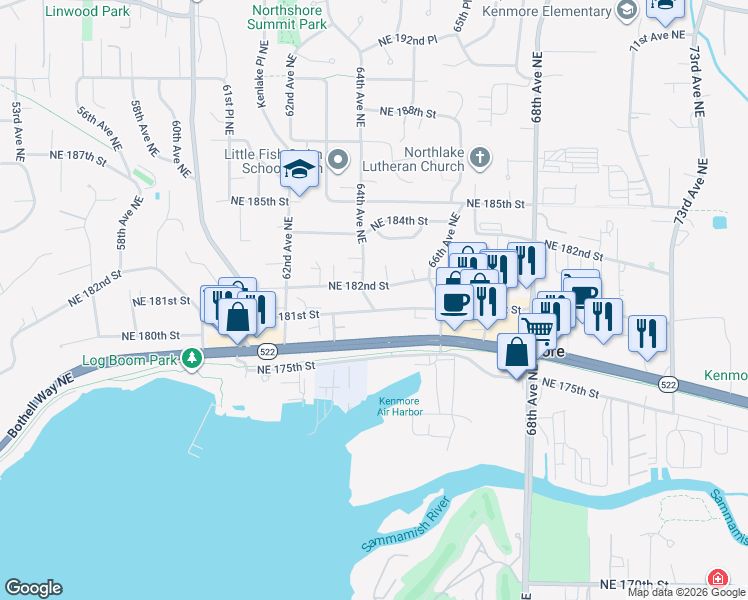 map of restaurants, bars, coffee shops, grocery stores, and more near 6421 Northeast 182nd Street in Kenmore
