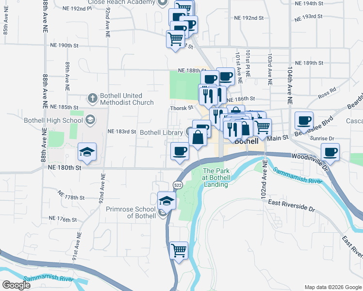 map of restaurants, bars, coffee shops, grocery stores, and more near 18120 97th Avenue Northeast in Bothell