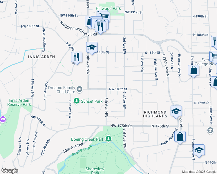map of restaurants, bars, coffee shops, grocery stores, and more near 18005 6th Avenue Northwest in Shoreline