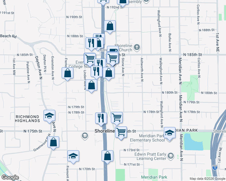 map of restaurants, bars, coffee shops, grocery stores, and more near 18004 Midvale Avenue North in Shoreline