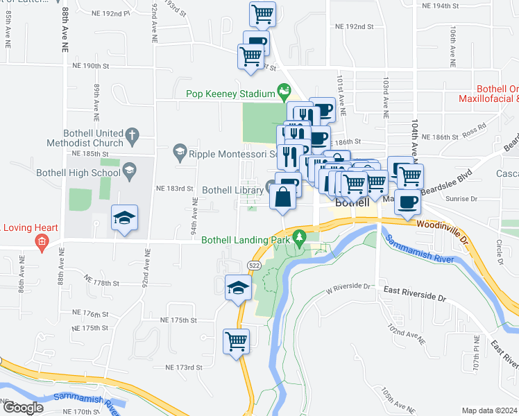 map of restaurants, bars, coffee shops, grocery stores, and more near 18120 97th Avenue Northeast in Bothell