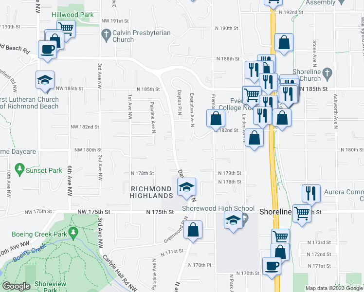 map of restaurants, bars, coffee shops, grocery stores, and more near 516 North 180th Street in Shoreline