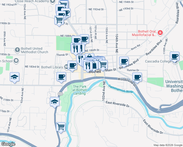 map of restaurants, bars, coffee shops, grocery stores, and more near 10009 Main Street in Bothell