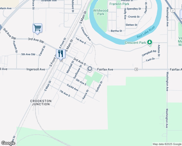 map of restaurants, bars, coffee shops, grocery stores, and more near 1407 Erskine Street in Crookston