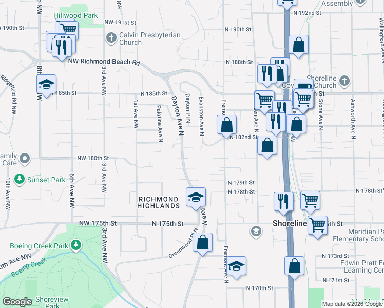 map of restaurants, bars, coffee shops, grocery stores, and more near 516 North 180th Street in Shoreline