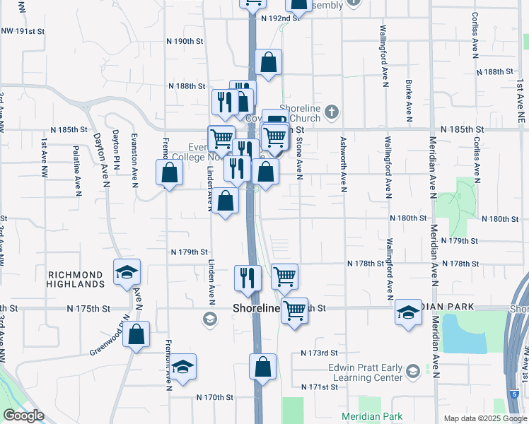 map of restaurants, bars, coffee shops, grocery stores, and more near 1122 North 180th Street in Shoreline