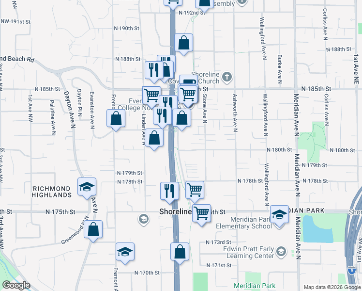map of restaurants, bars, coffee shops, grocery stores, and more near 1122 North 180th Street in Shoreline