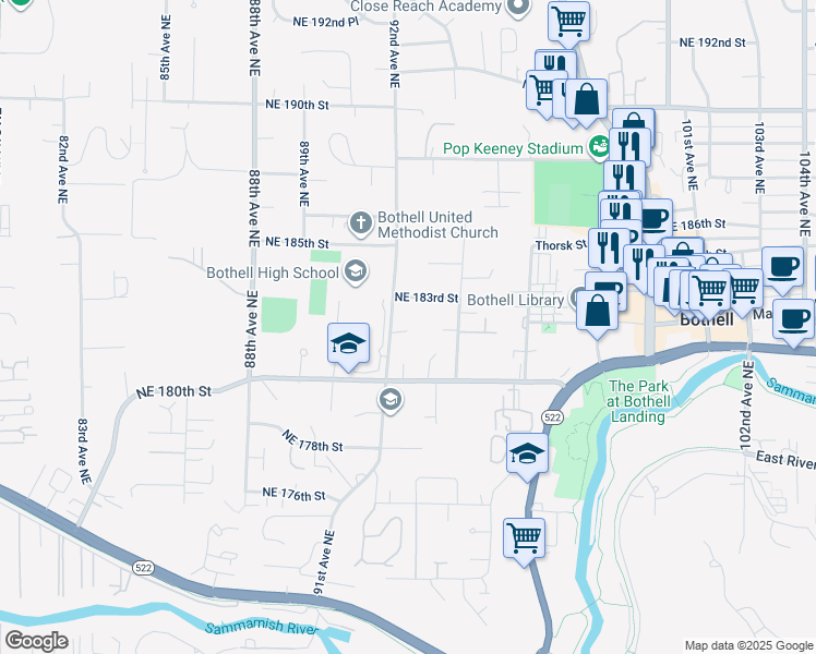map of restaurants, bars, coffee shops, grocery stores, and more near 18230 92nd Avenue Northeast in Bothell