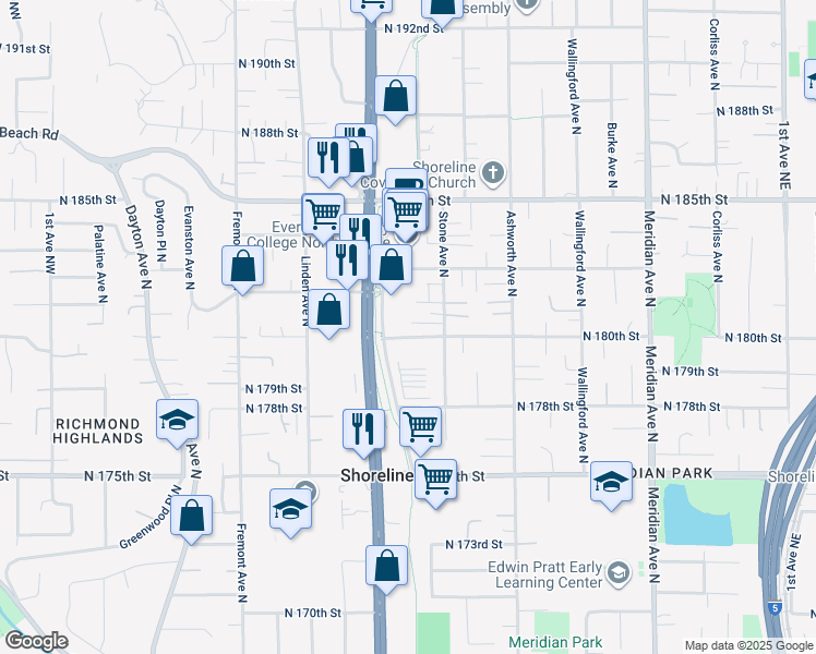 map of restaurants, bars, coffee shops, grocery stores, and more near 1122 North 180th Street in Shoreline