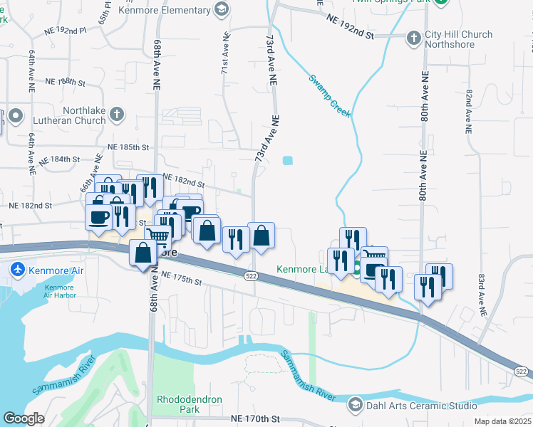map of restaurants, bars, coffee shops, grocery stores, and more near 18128 73rd Avenue Northeast in Kenmore