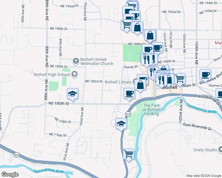 map of restaurants, bars, coffee shops, grocery stores, and more near 9424 Northeast 181st Lane in Bothell