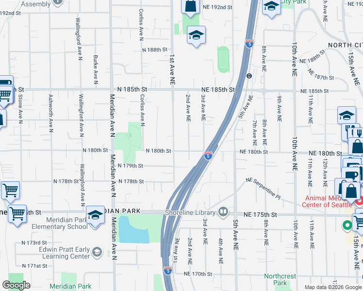 map of restaurants, bars, coffee shops, grocery stores, and more near 18010 1st Avenue Northeast in Shoreline