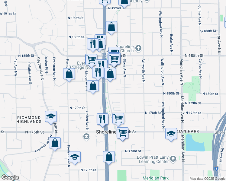 map of restaurants, bars, coffee shops, grocery stores, and more near 18004 Midvale Avenue North in Shoreline