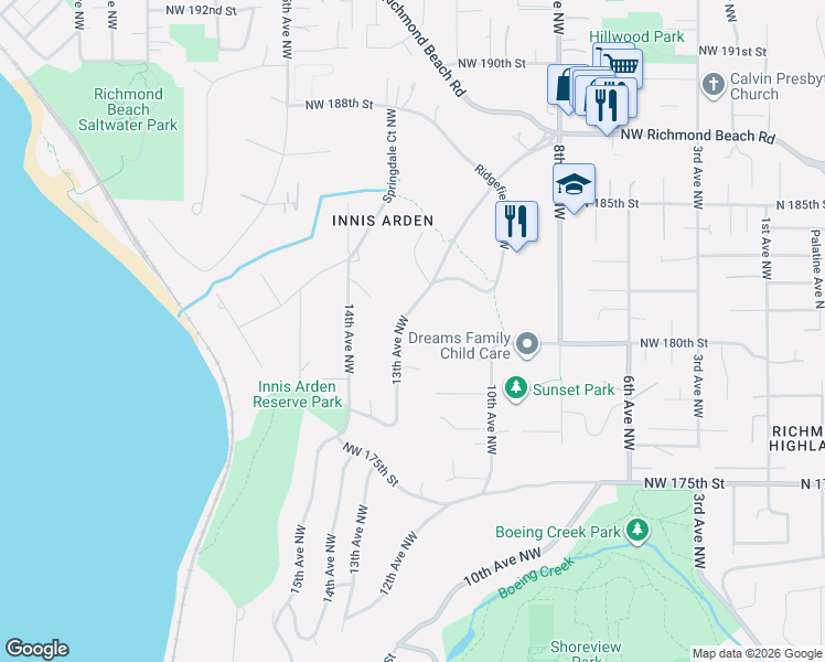 map of restaurants, bars, coffee shops, grocery stores, and more near 18008 13th Avenue Northwest in Shoreline