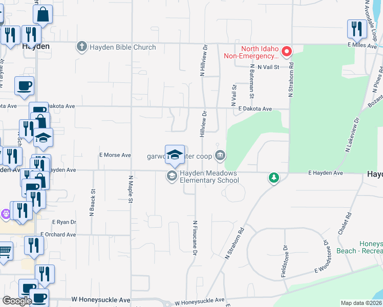 map of restaurants, bars, coffee shops, grocery stores, and more near 9748 North Ptarmigan Drive in Hayden