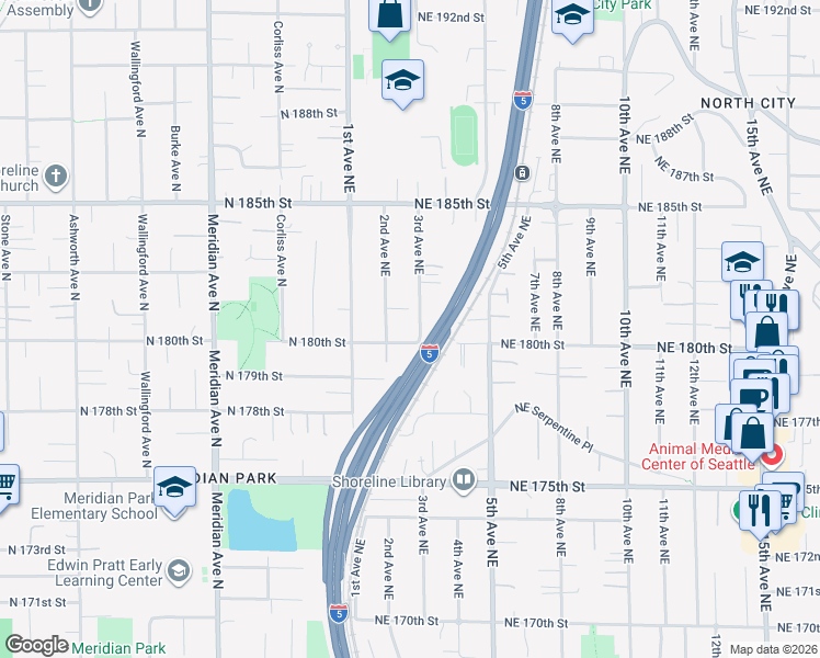 map of restaurants, bars, coffee shops, grocery stores, and more near 18010 2nd Avenue Northeast in Shoreline