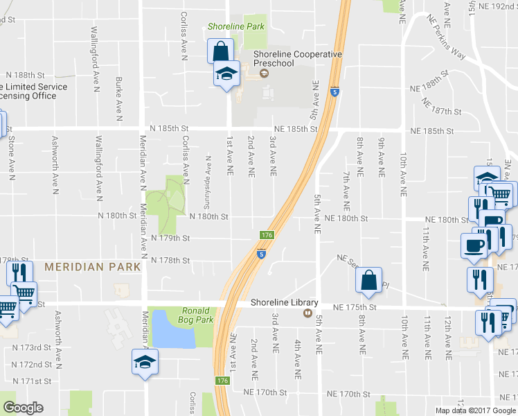 map of restaurants, bars, coffee shops, grocery stores, and more near 18010 2nd Avenue Northeast in Shoreline
