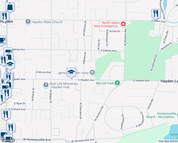 map of restaurants, bars, coffee shops, grocery stores, and more near 9749 North Pine Valley Court in Hayden