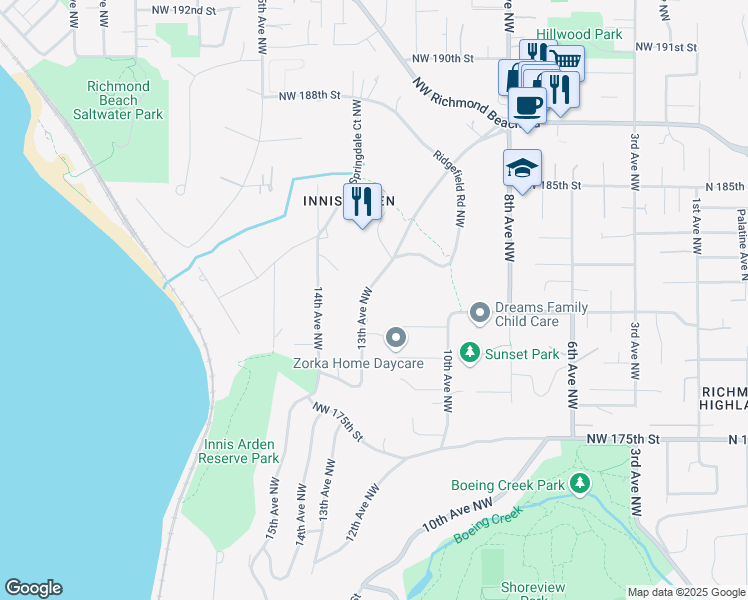 map of restaurants, bars, coffee shops, grocery stores, and more near 18008 13th Avenue Northwest in Shoreline