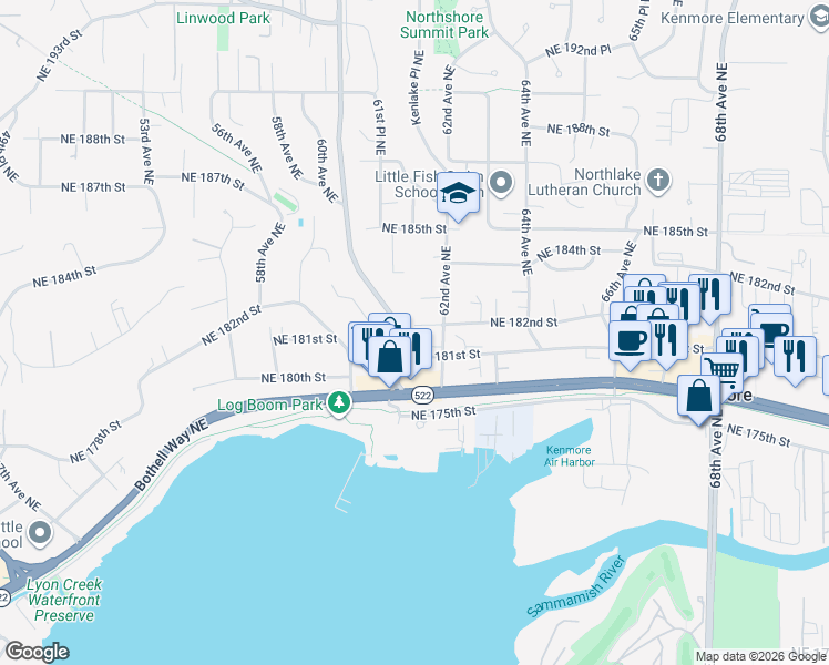 map of restaurants, bars, coffee shops, grocery stores, and more near 6113 Northeast 182nd Street in Kenmore
