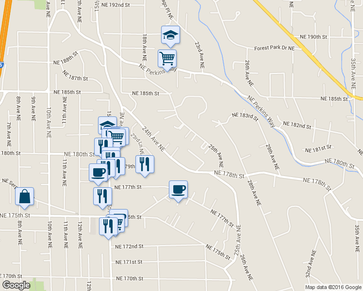 map of restaurants, bars, coffee shops, grocery stores, and more near 2425 Northeast 180th Street in Shoreline