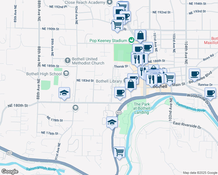 map of restaurants, bars, coffee shops, grocery stores, and more near 18125 96th Avenue Northeast in Bothell