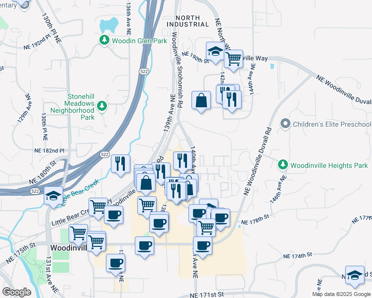 map of restaurants, bars, coffee shops, grocery stores, and more near 18151 140th Ave NE in Woodinville