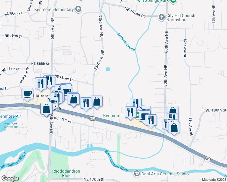 map of restaurants, bars, coffee shops, grocery stores, and more near 18150 73rd Avenue Northeast in Kenmore