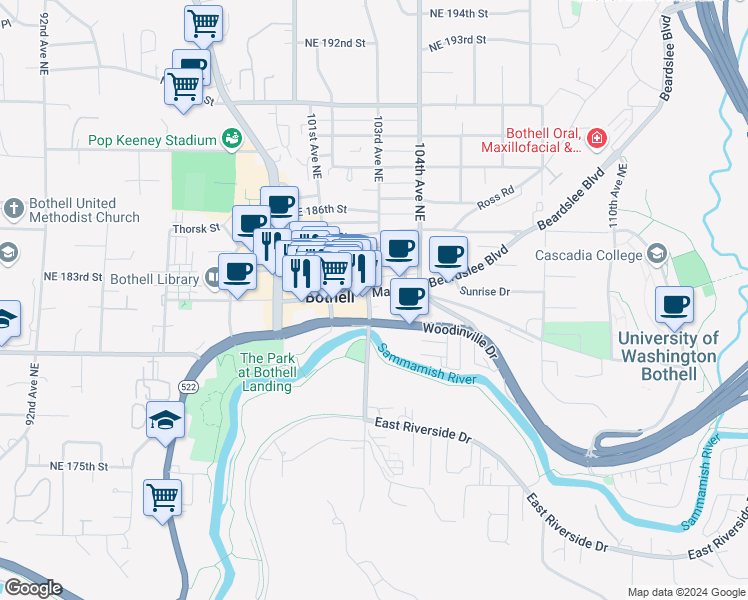 map of restaurants, bars, coffee shops, grocery stores, and more near 18106 102nd Avenue Northeast in Bothell