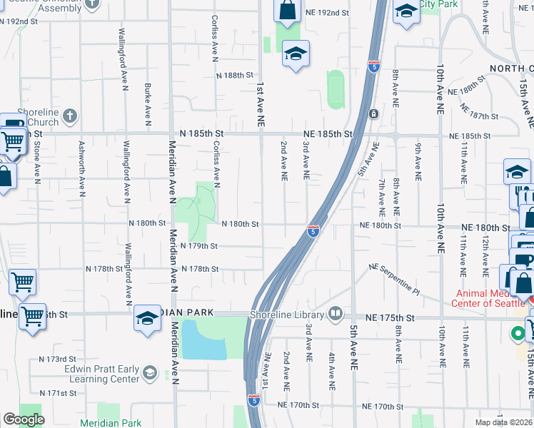 map of restaurants, bars, coffee shops, grocery stores, and more near 18010 1st Avenue Northeast in Shoreline