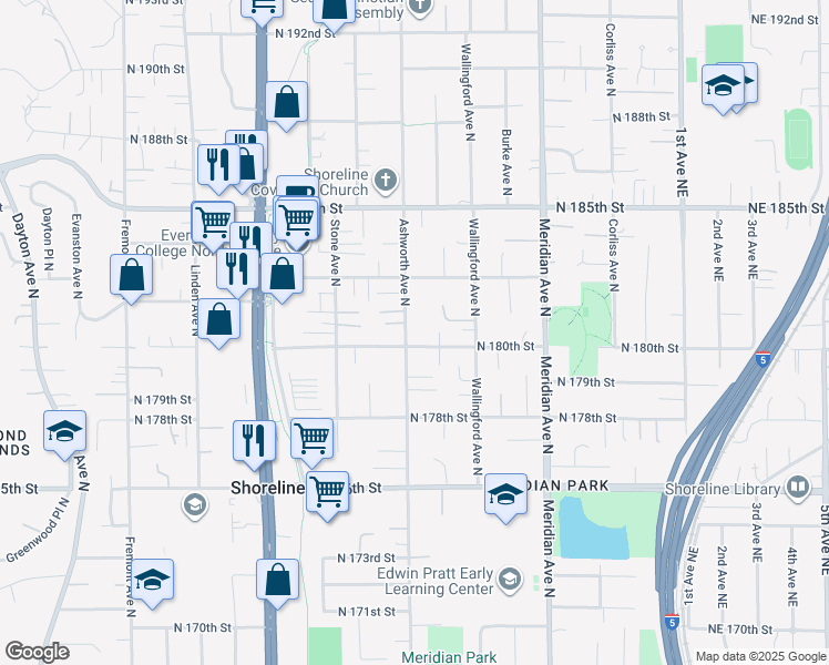 map of restaurants, bars, coffee shops, grocery stores, and more near 18008 Ashworth Avenue North in Shoreline