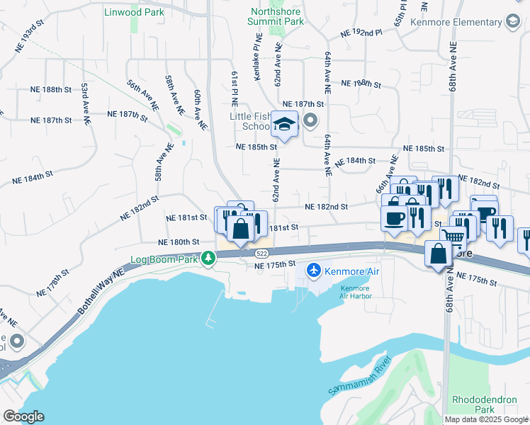 map of restaurants, bars, coffee shops, grocery stores, and more near 18121 62nd Avenue Northeast in Kenmore