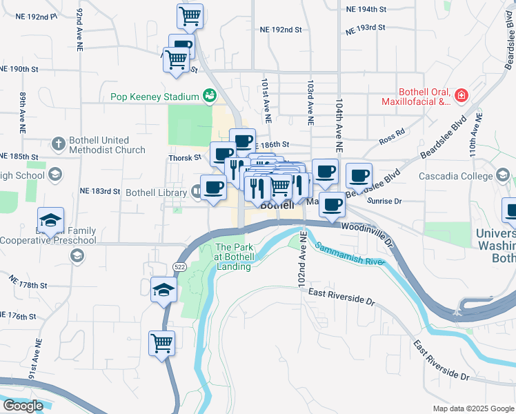 map of restaurants, bars, coffee shops, grocery stores, and more near 10009 Main Street in Bothell