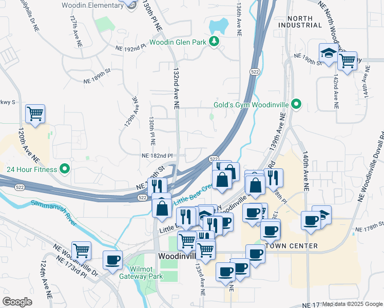 map of restaurants, bars, coffee shops, grocery stores, and more near 13274 Northeast 182nd Street in Woodinville