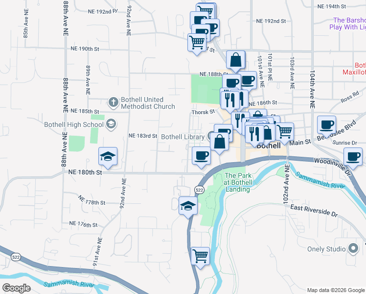 map of restaurants, bars, coffee shops, grocery stores, and more near 18125 96th Avenue Northeast in Bothell