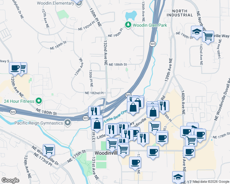 map of restaurants, bars, coffee shops, grocery stores, and more near 13277 Northeast 183rd Street in Woodinville