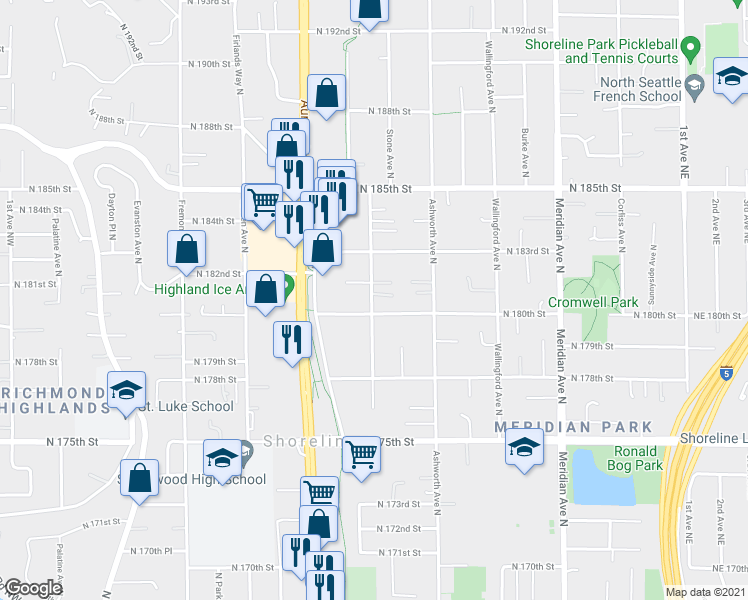 map of restaurants, bars, coffee shops, grocery stores, and more near 18014 Stone Avenue North in Shoreline