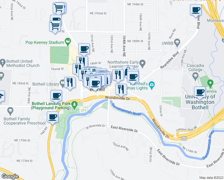 map of restaurants, bars, coffee shops, grocery stores, and more near 18106 102nd Avenue Northeast in Bothell
