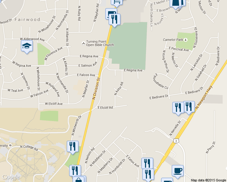 map of restaurants, bars, coffee shops, grocery stores, and more near 11209 North Astor Road in Spokane