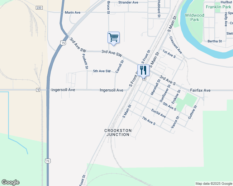 map of restaurants, bars, coffee shops, grocery stores, and more near 127 County Highway 9 in Crookston