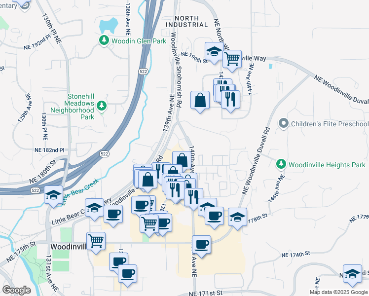 map of restaurants, bars, coffee shops, grocery stores, and more near 18151 140th Avenue Northeast in Woodinville