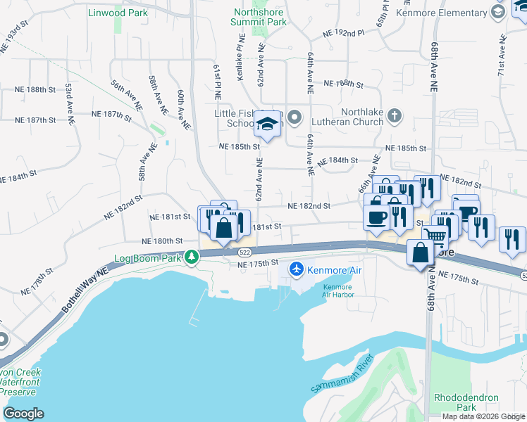 map of restaurants, bars, coffee shops, grocery stores, and more near 18124 62nd Avenue Northeast in Kenmore