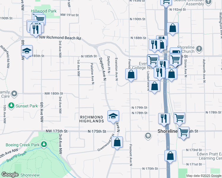 map of restaurants, bars, coffee shops, grocery stores, and more near 525 North 181st Street in Shoreline